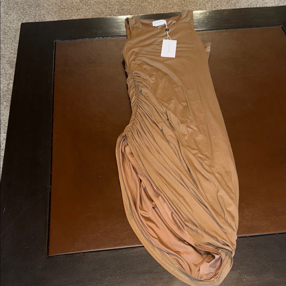 Lovers and Friends Ruched Sleeveless Bodycon Dress in Camel